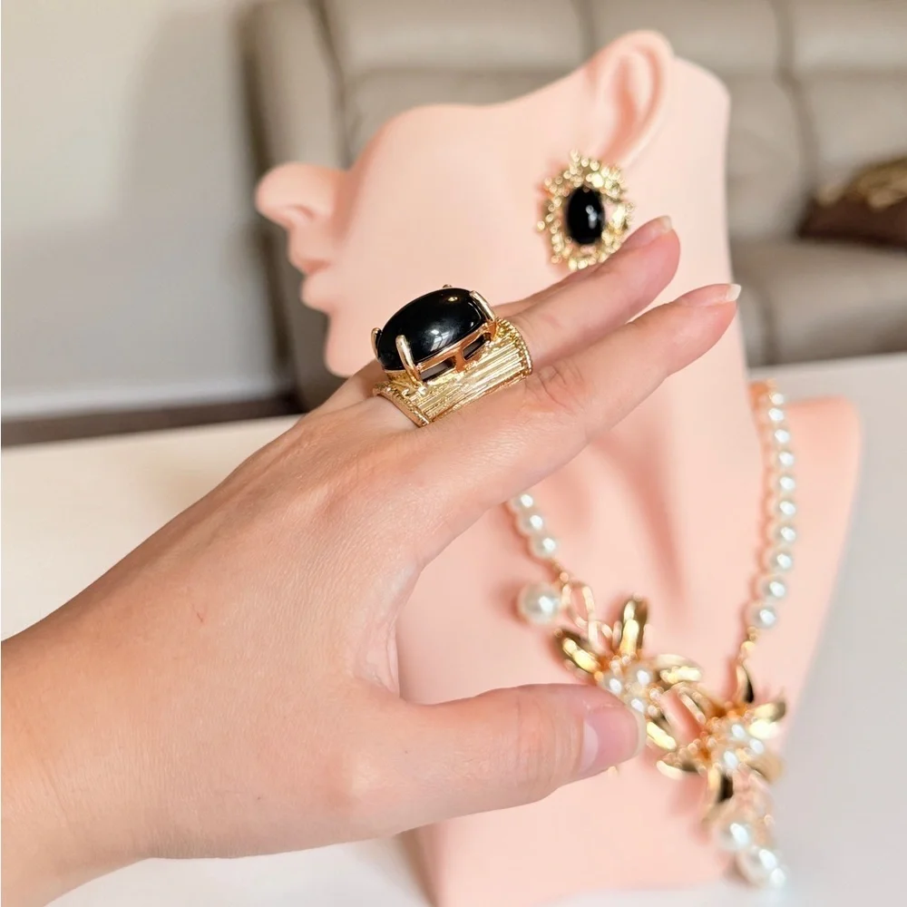 Gold-Tone Black Cabochon Statement Ring
